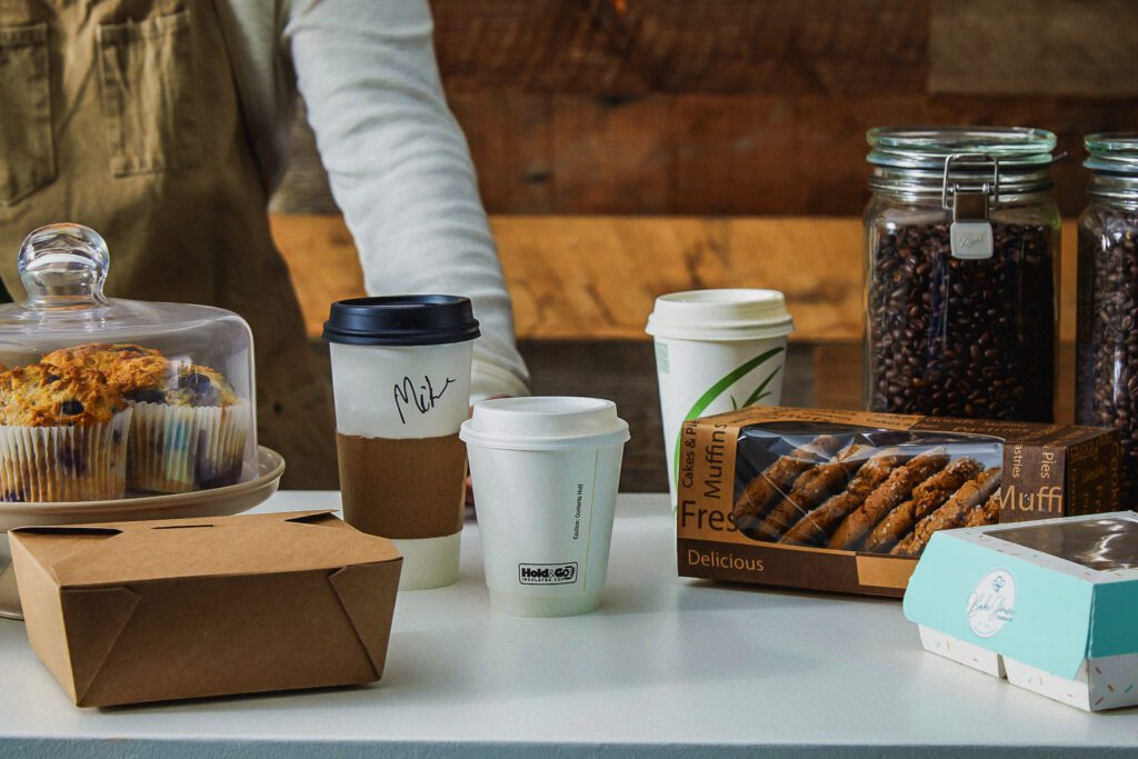 A view of to go beverages and pastries