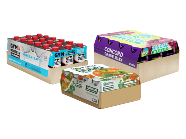 EnviroTop™ fiber-based packaging solution replaces plastic shrink film on multipacks of cans, jars, and bottles in corrugated trays