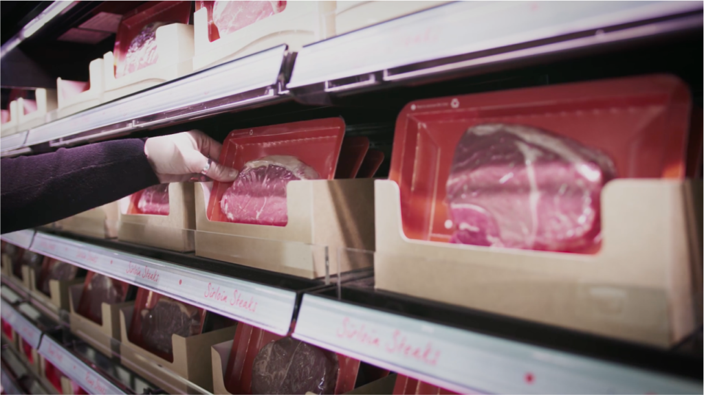 Protein packaging on supermarket shelf