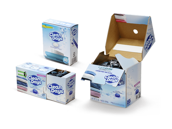 A view of the CleanClose portfolio, featuring the certified child-resistant pack for liquid pod detergent (right)