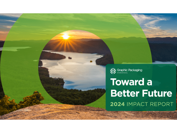 Cover image from Graphic Packaging's 2024 Impact Report: Toward a Better Future features a photo with a cliffside view of a sunset over a winding, tree-lined river