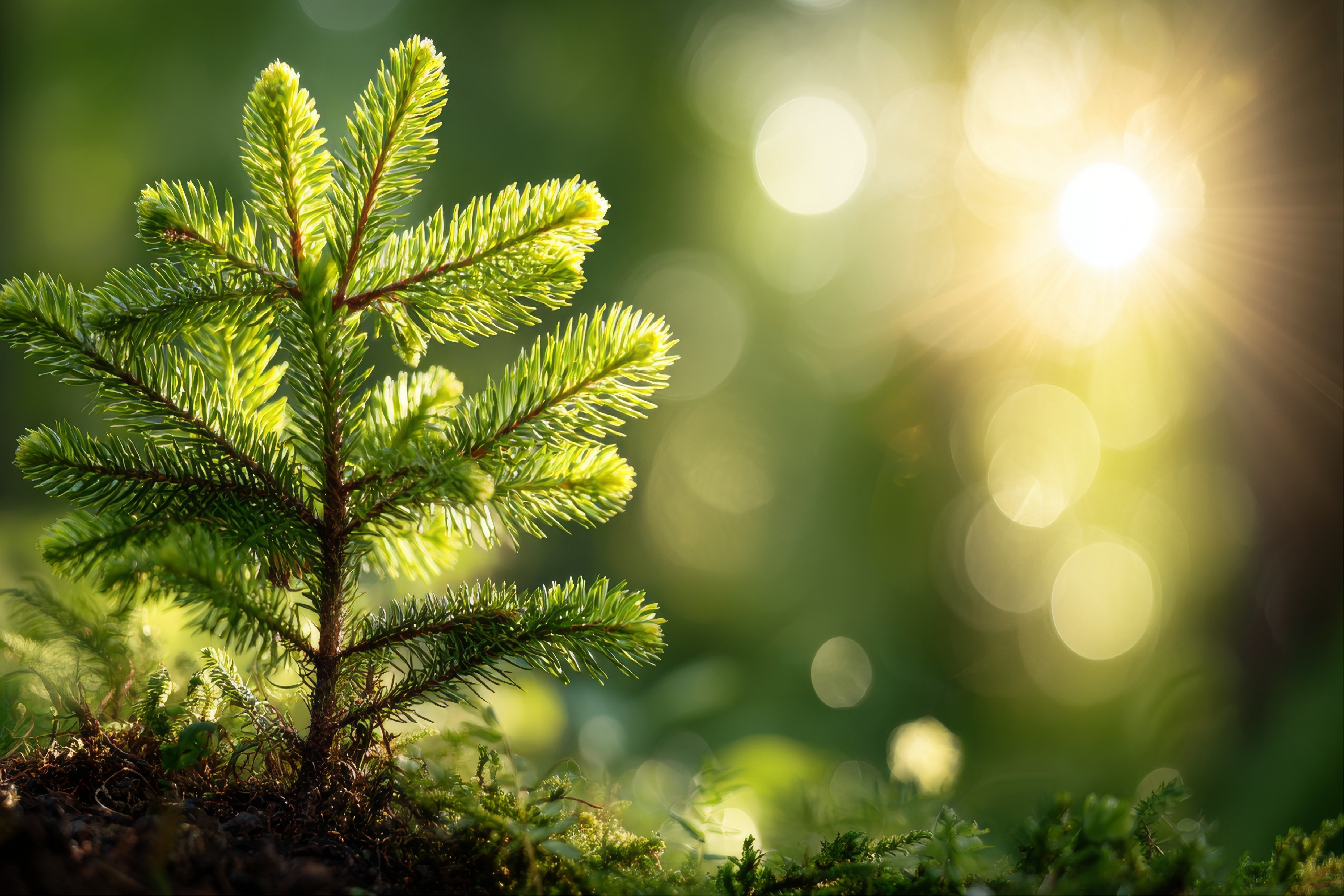 Young pine tree with sunlight behind it