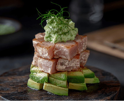 distinctive striped layer fusion drink in a clear glass against a warm background