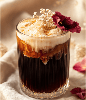 Cold brew cascara fizz with edible hibiscus petals