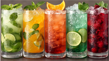Refreshing colorful cocktails with mint and citrus drinks beverages