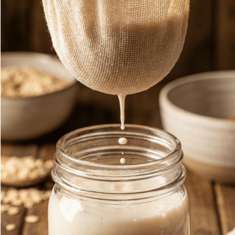 hand straining homemade oat milk through cheesecloth into glass jar on rustic table