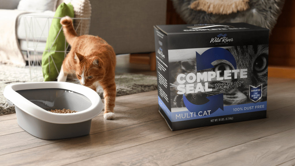 Cat next to litter box beside Z‑Flute paperboard packaging designed for strength during distribution