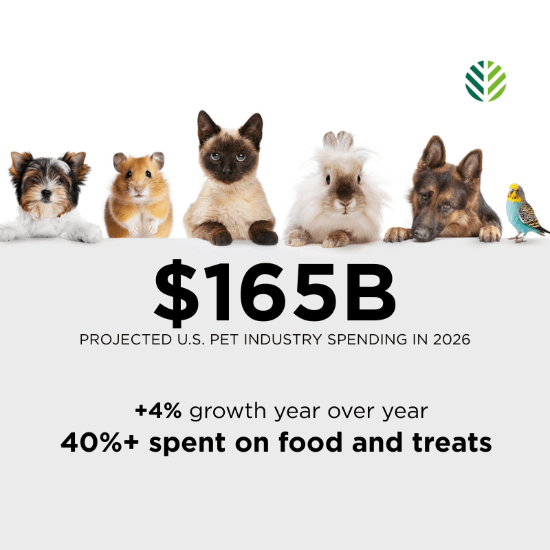 Row of pets above $165B statistic highlighting projected U.S. pet industry spending in 2026 and growth trends