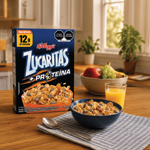 Zucaritas Proteina cereal carton on a breakfast table