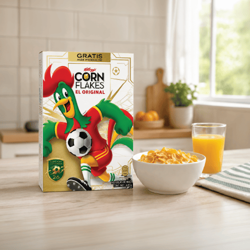Kellogg's Corn Flakes cereal carton on a breakfast table