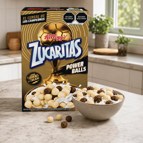 Zucaritas Power Balls cereal carton on a breakfast table