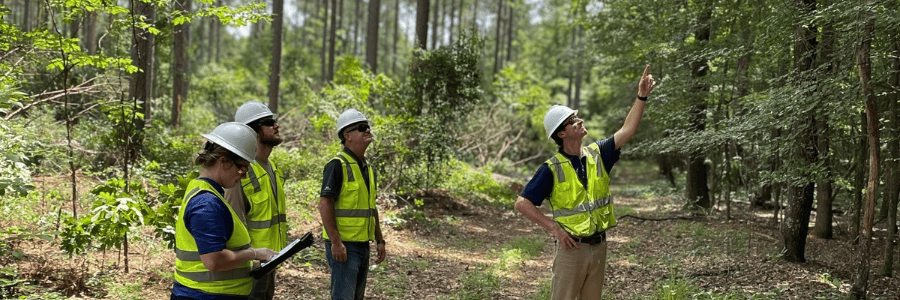 Forest management team conducting a sustainable forestry assessment in a working forest that supplies renewable fiber for paper-based packaging.